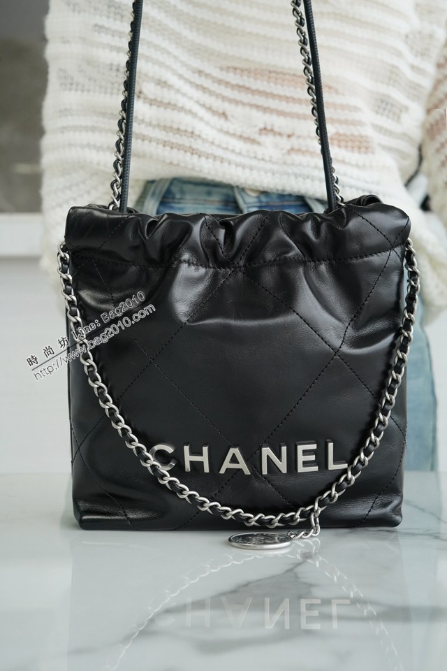 Chanel專櫃新款黑銀鏈條女包 香奈兒春夏系列火爆珍珠鏈條Mini22bag djc6774